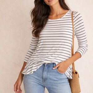 Caslon White and Black Striped Long-Sleeve Ruffle-Hem Top